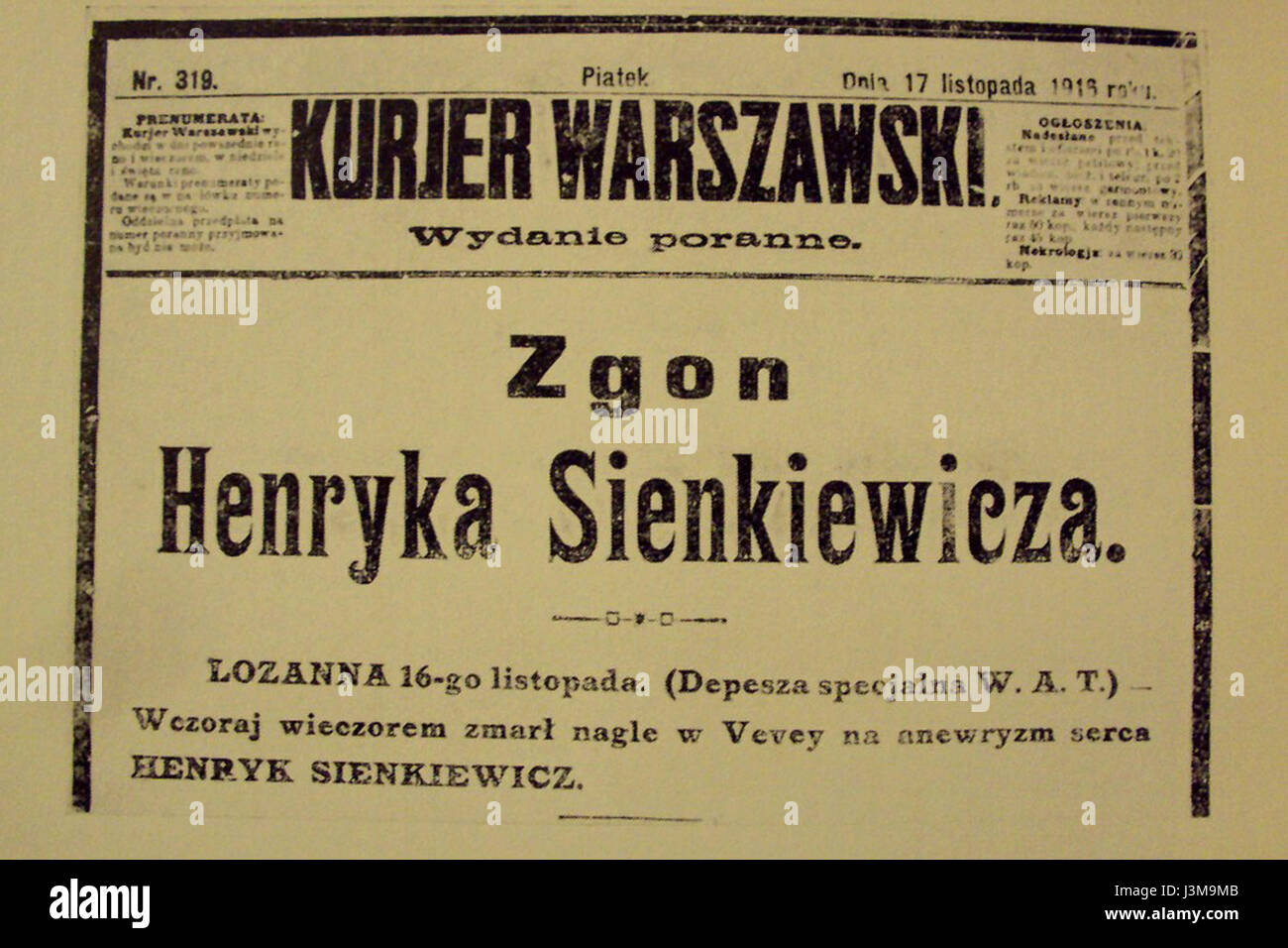Henryk Sienkiewicz Nekrolog Kurier Warszawski Stock Photo