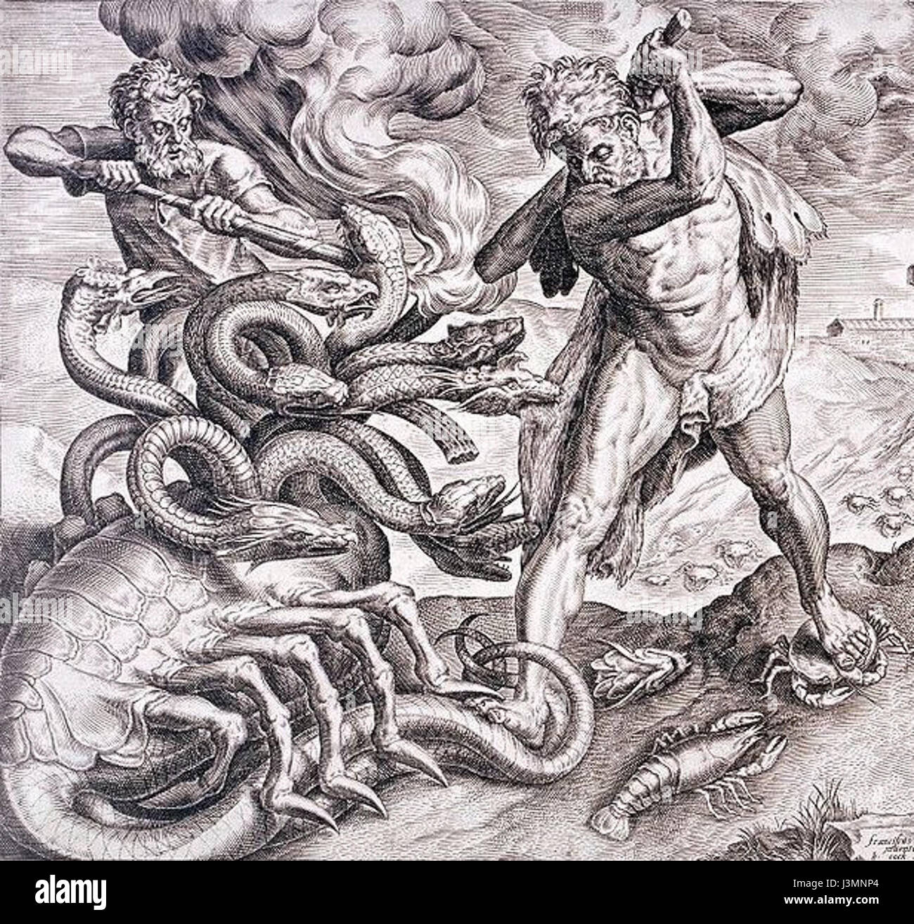 This image depicts the mythological story of Herakles (Hercules) killing the Hydra, a multi-headed serpent-like creature. It is one of the twelve labors of Herakles in Greek mythology. Stock Photo