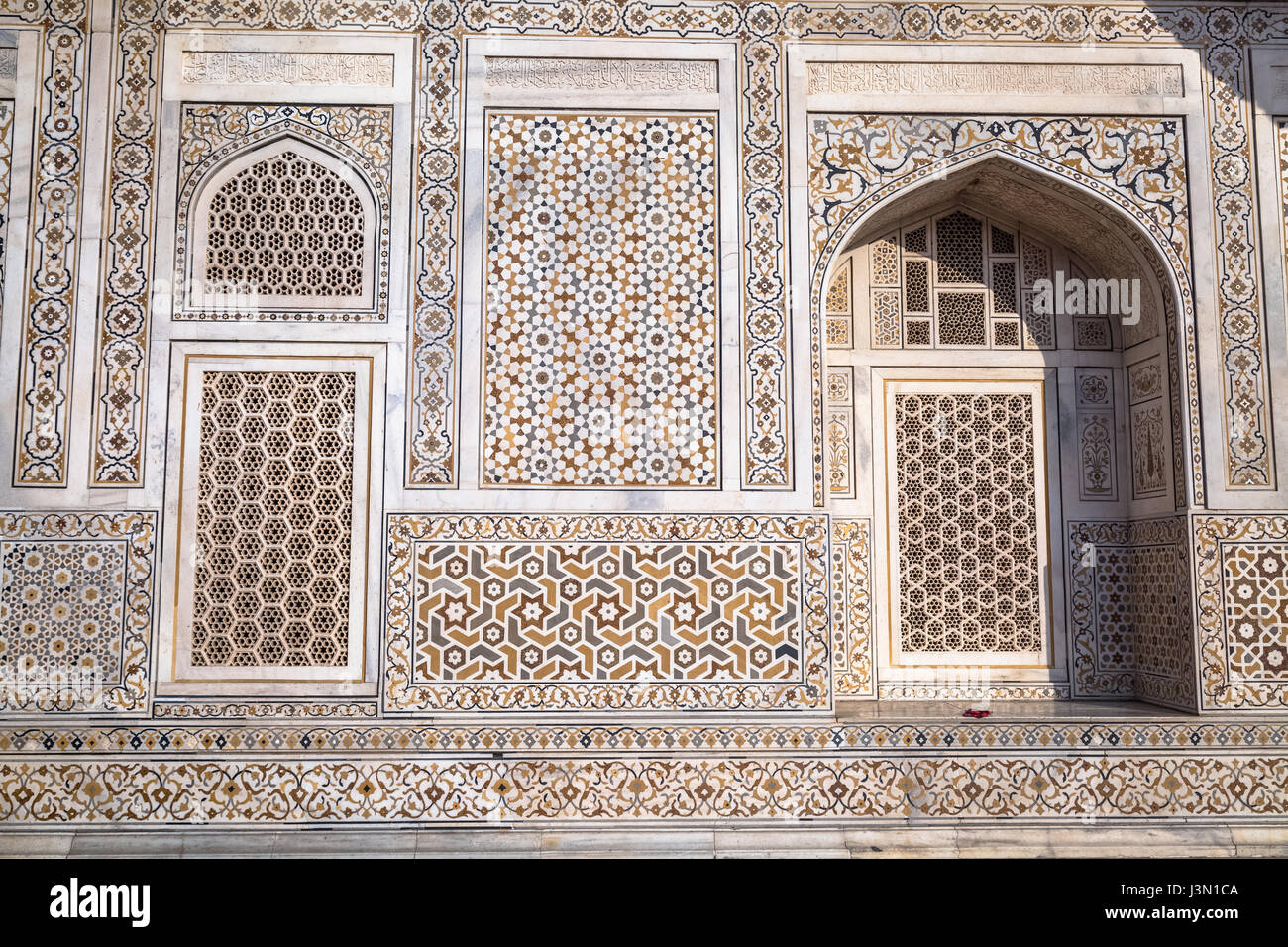 Intricate artwork and marble carvings on the tomb of Itimad-ud-Daulah also known as the Baby Taj in Agra. Stock Photo