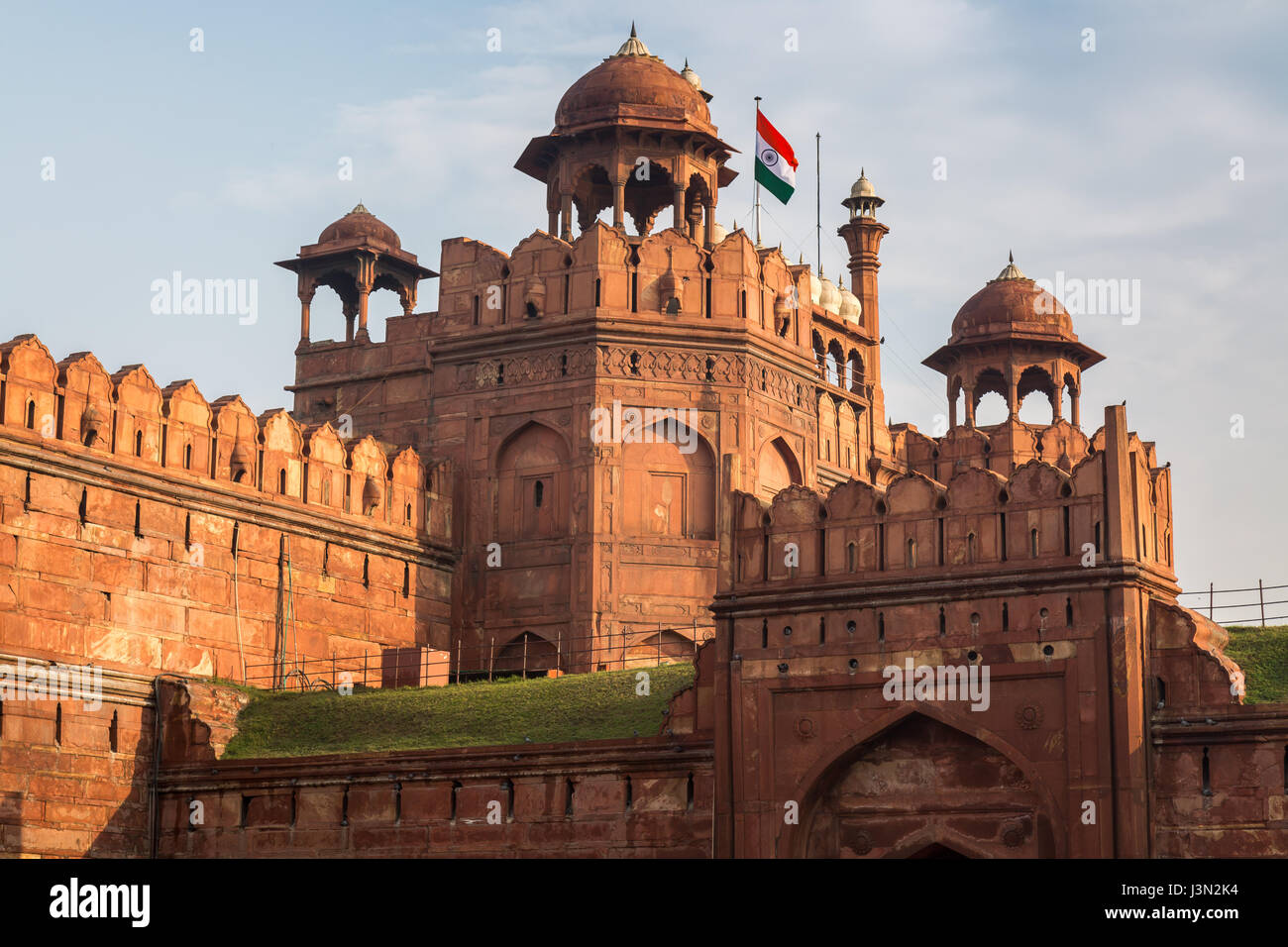 Red Fort Delhi is a red sandstone fort city built by emperor Akbar. A Mughal India architecture structure designated as a UNESCO World Heritage Site. Stock Photo