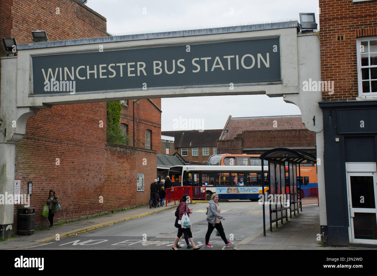 Winchester  United Kingdom -21 April 2017: Bus station sign above Winchester Bus Station Stock Photo
