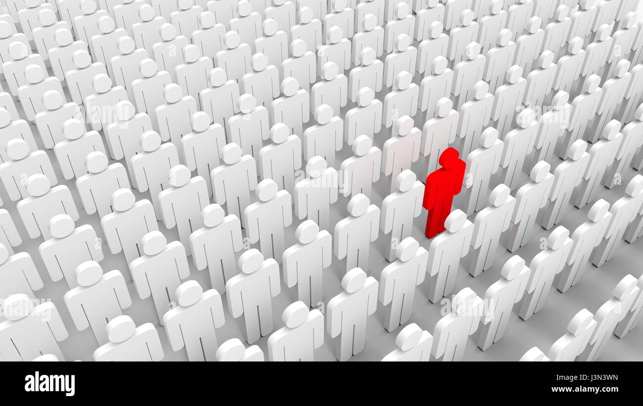 Red man among crowd of white. 3D illustrating Stock Photo