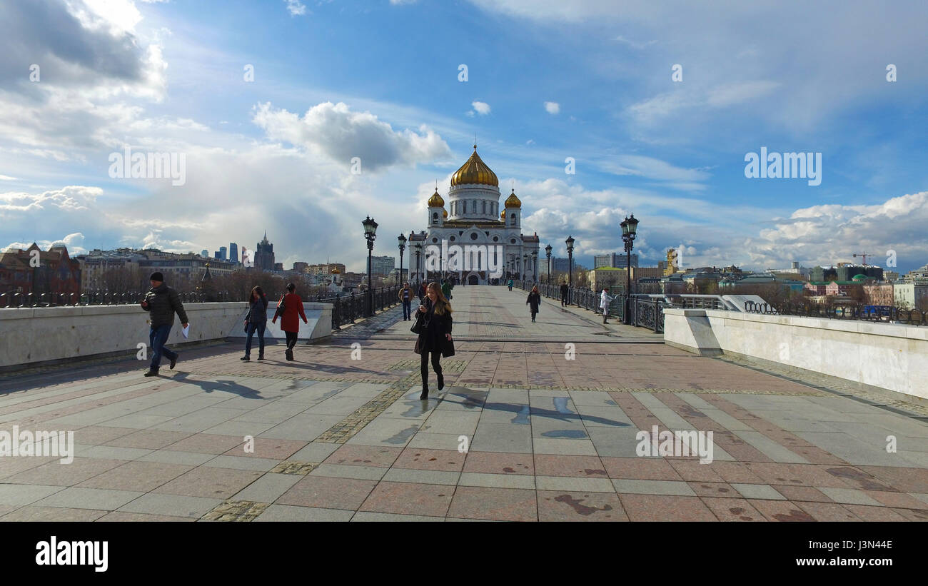 Panoramic view of the Cathedral of Christ the Saviour and Patriarch Bridge, Moscow, Russia. April, 24, 2017 Stock Photo