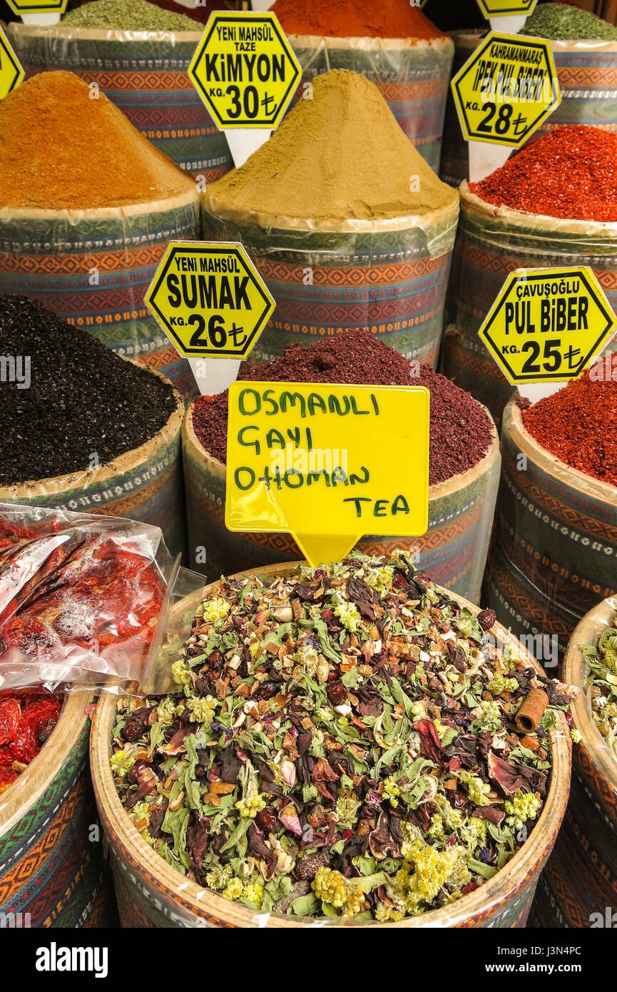 Various spices and tea on a counter on the Grand Bazaar in Istanbul, Turkey. The Spice Bazaar