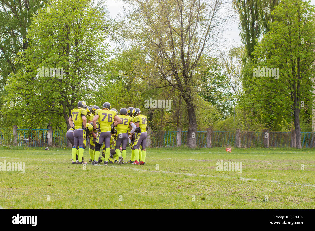 KIEV, UKRAINE - APRIL 29, 2017: players in a huddle during football match between Kiev Rebels and Hrodno Barbarians Stock Photo