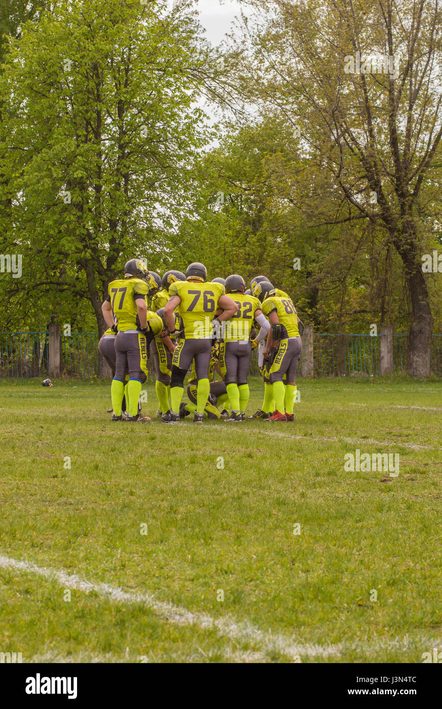 KIEV, UKRAINE - APRIL 29, 2017: players in a huddle during football match between Kiev Rebels and Hrodno Barbarians Stock Photo