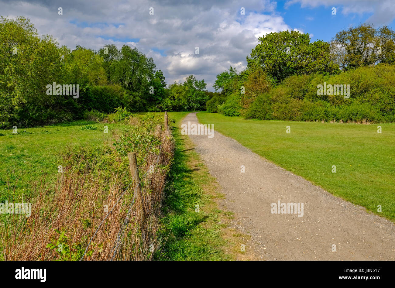 Path through the Essex countryside in Spring.  Taken with a wide angle. Stock Photo