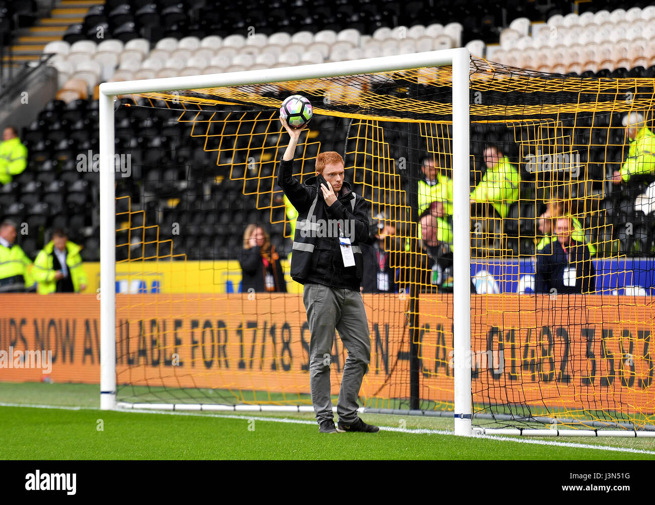 The Hawk-Eye goal line technology is tested before the Premier League match at the KCOM Stadium, Hull. Stock Photo