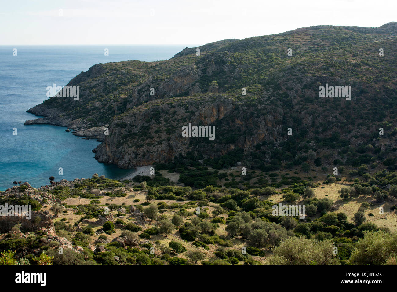 View from the east to the Bay of Lissos at Crete's south coast with the excavations of the classical Greek town of Lissos.  Die Ruinen der antiken gri Stock Photo