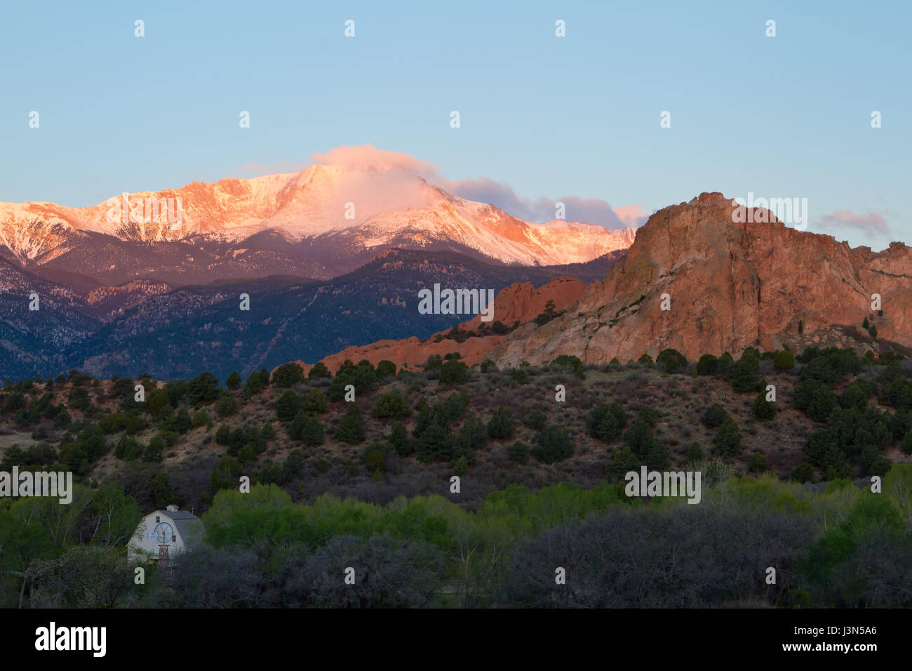 Sunrise image of Pikes Peak Mountain and Garden of the Gods in the ...