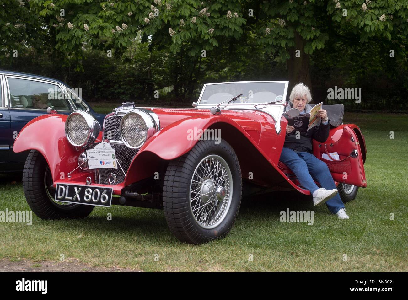 One of the hundreds of Jaguar that cars fill the Long Walk near Windsor Castle in Berkshire for the annual Royal Windsor Jaguar Festival in aid of the Prince Phillip Trust. Stock Photo