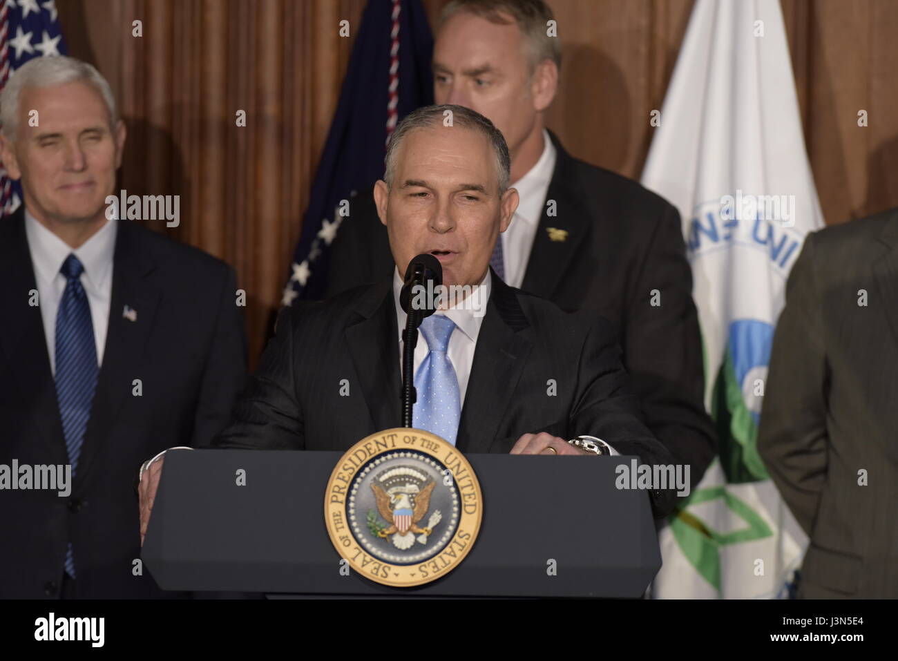 U.S. EPA Administrator Scott Pruitt delivers remarks at a signing ceremony for a series of anti-environmental executive orders aimed at repealing restrictions on coal at the Environmental Protection Agency headquarters March 28, 2017 in Washington, DC. The orders roll back at least 10 major Obama environmental regulations and fulfills a wish list from the fossil fuel industry. Stock Photo