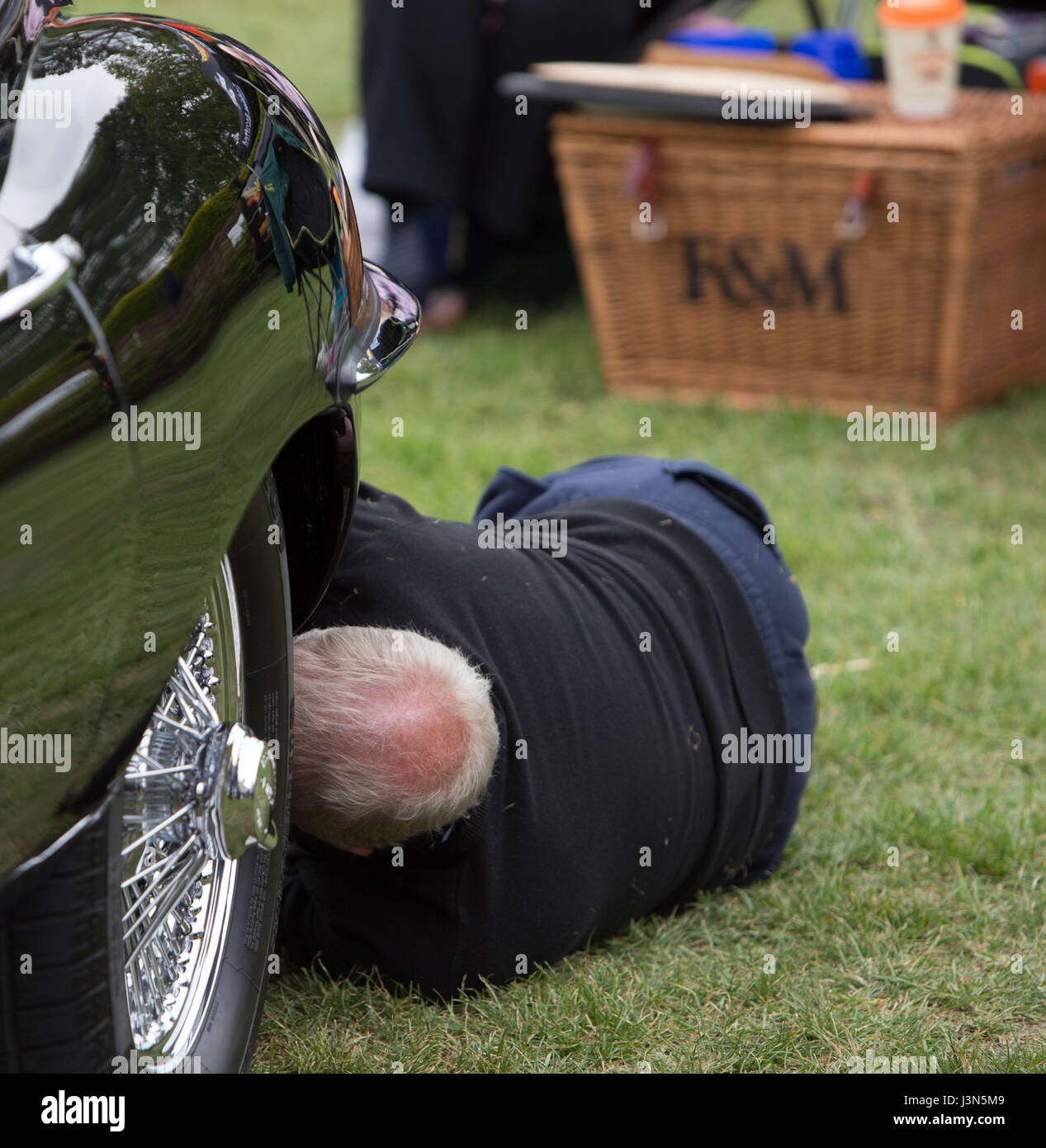 A enthusiast cleans their Jaguar car as hundreds of Jaguars fill the Long Walk near Windsor Castle in Berkshire for the annual Royal Windsor Jaguar Festival in aid of the Prince Phillip Trust. Stock Photo