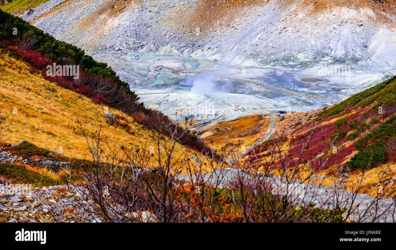Hot spring and mountain in Japan Alpine route Stock Photo