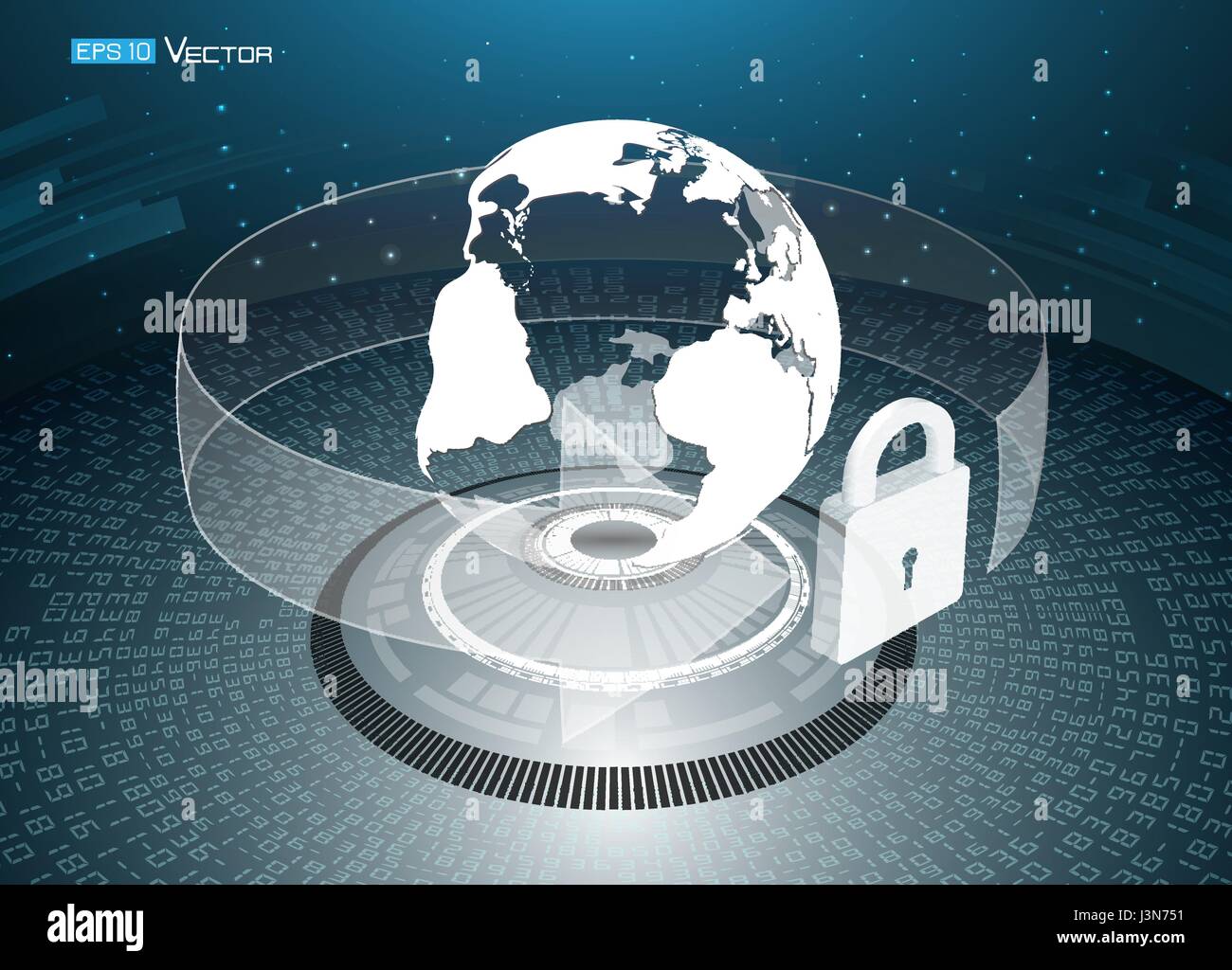 security data design, vector illustration eps10 graphic. including sphere with world map, arrow , lock, numbers , futuristic technican elemens. Used a Stock Vector