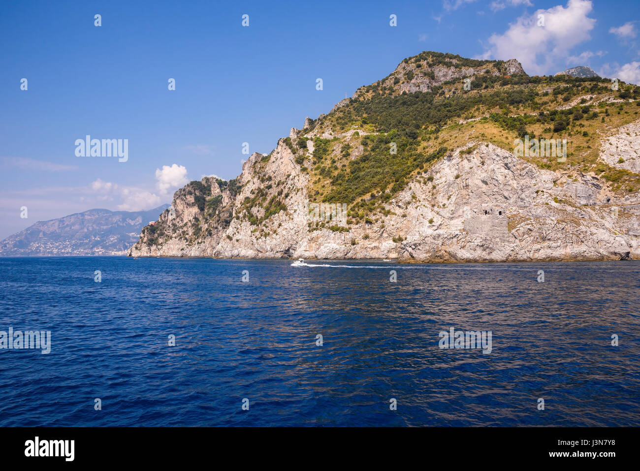 View of Amalfi coast seen from the sea, Campania, Italy Stock Photo