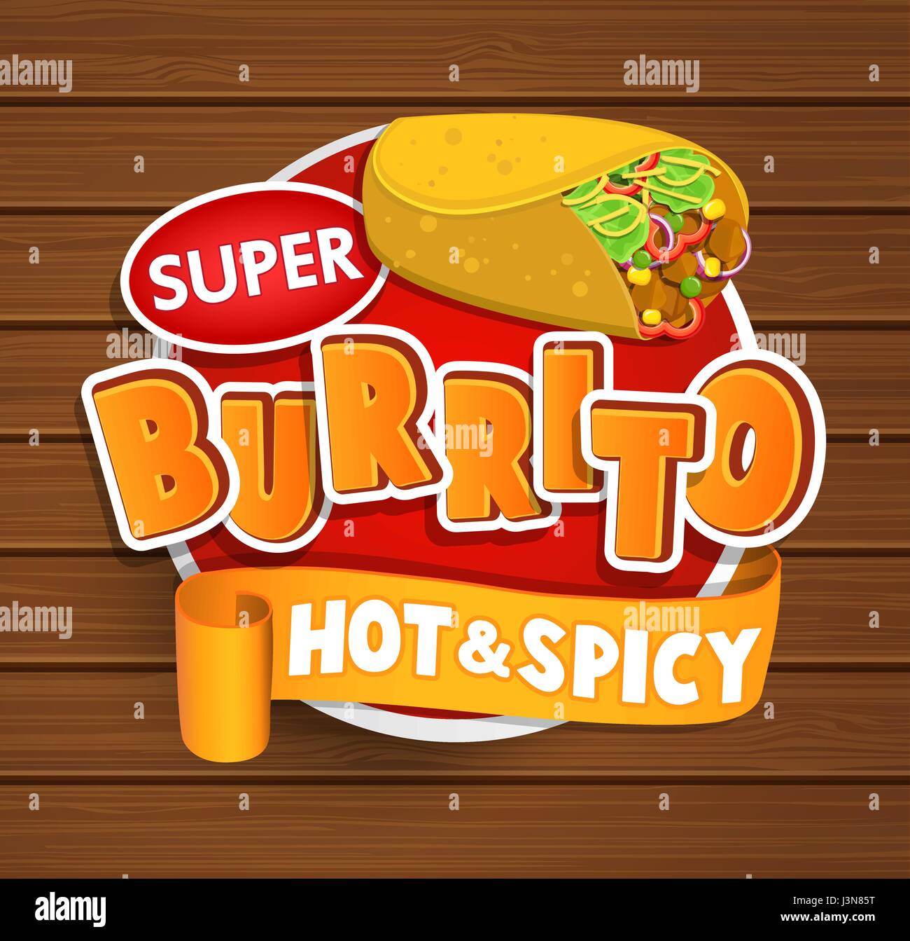 Burrito hot and spicy logo and food label or sticker. Concept of mexican food, traditional product design for shops, markets.Vector illustration. Stock Vector