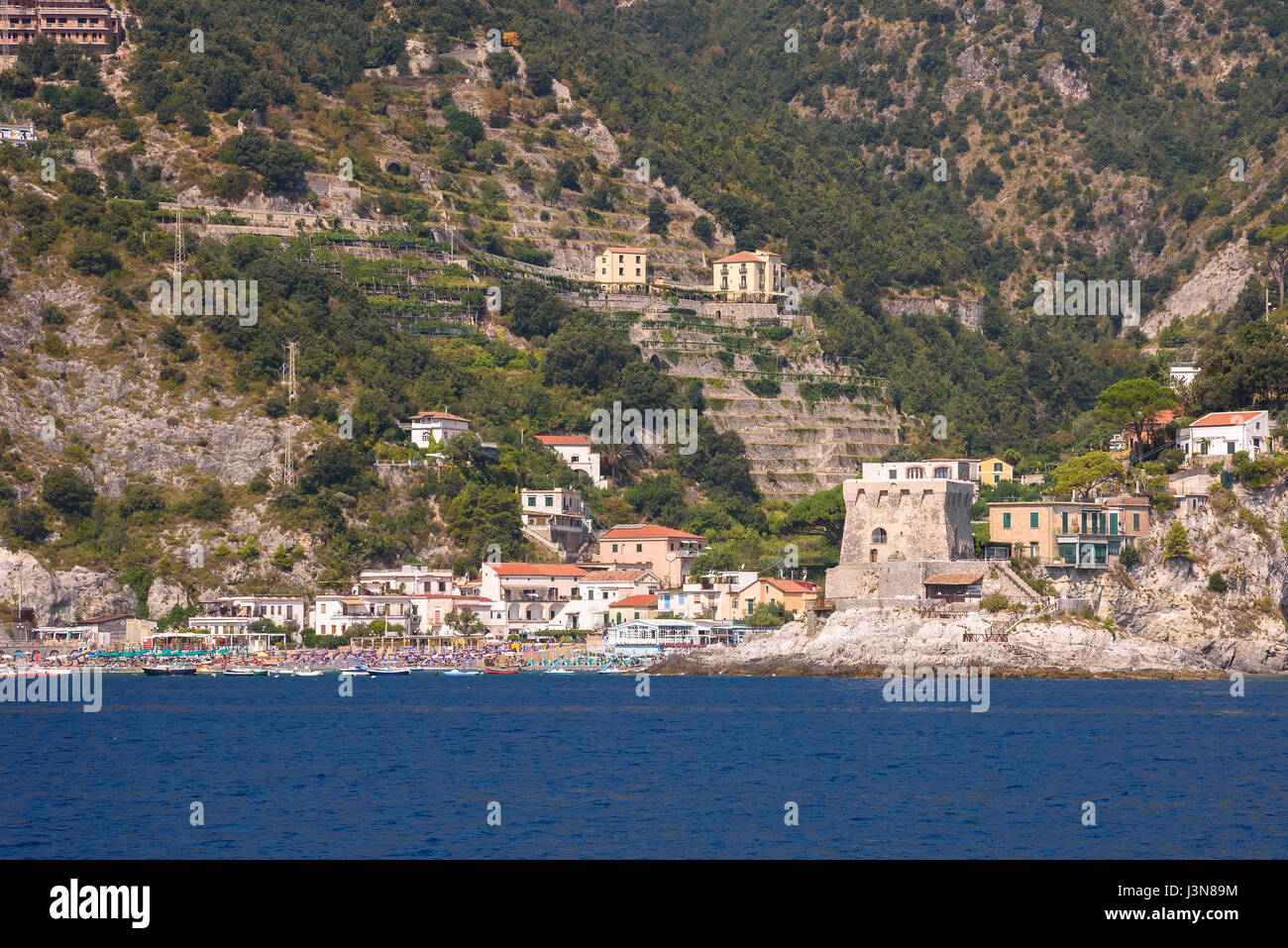 View Erchie village on Amalfi coast seen from the sea, Campania, Italy Stock Photo