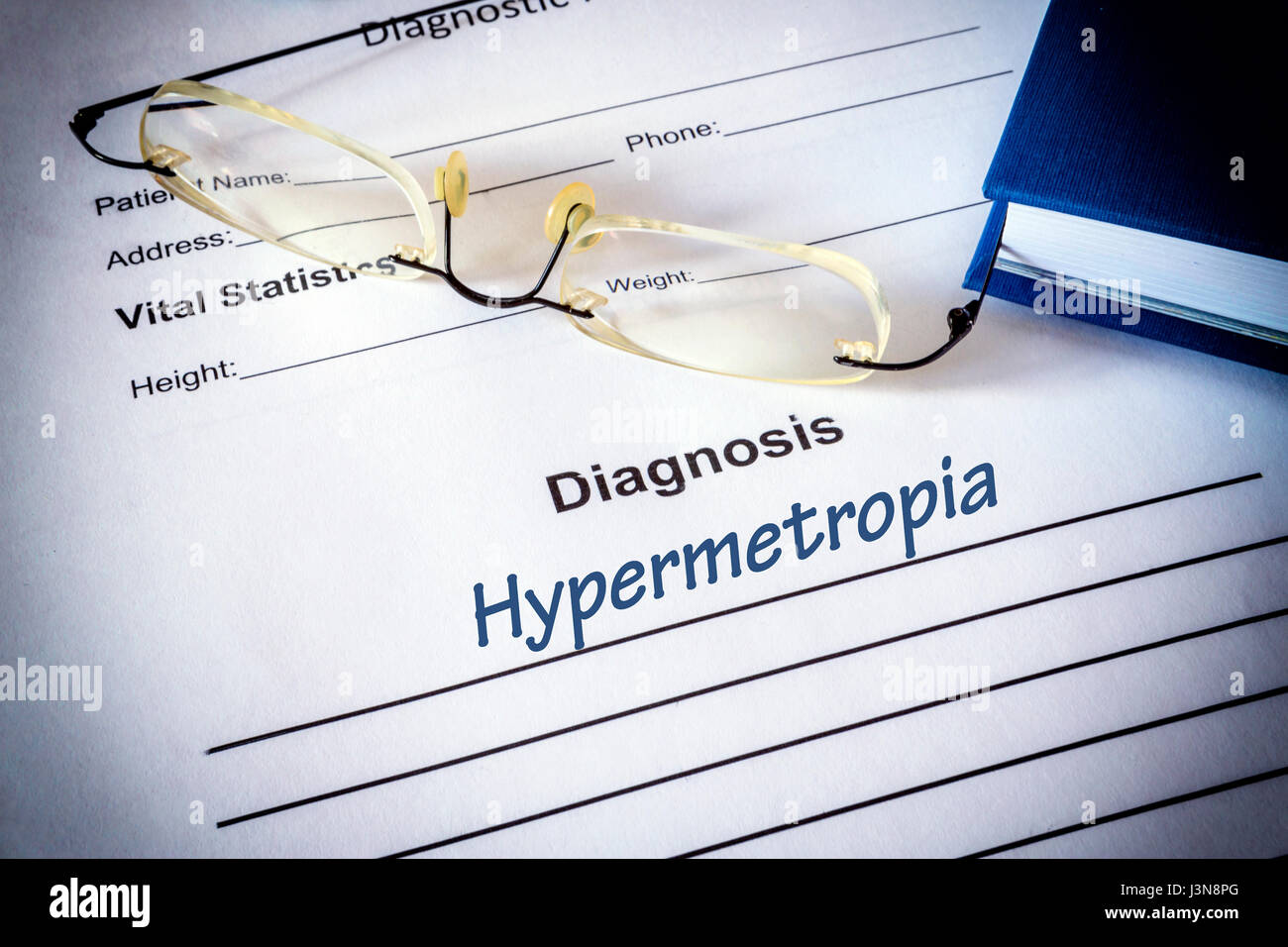 Diagnosis list with hypermetropia. Eye disorder concept. Stock Photo