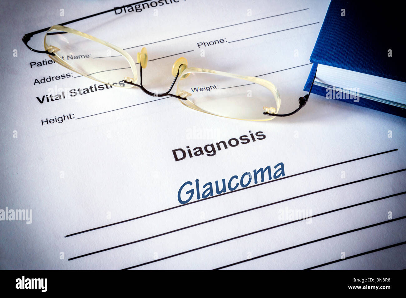 Diagnosis list with glaucoma. Eye disorder concept. Stock Photo