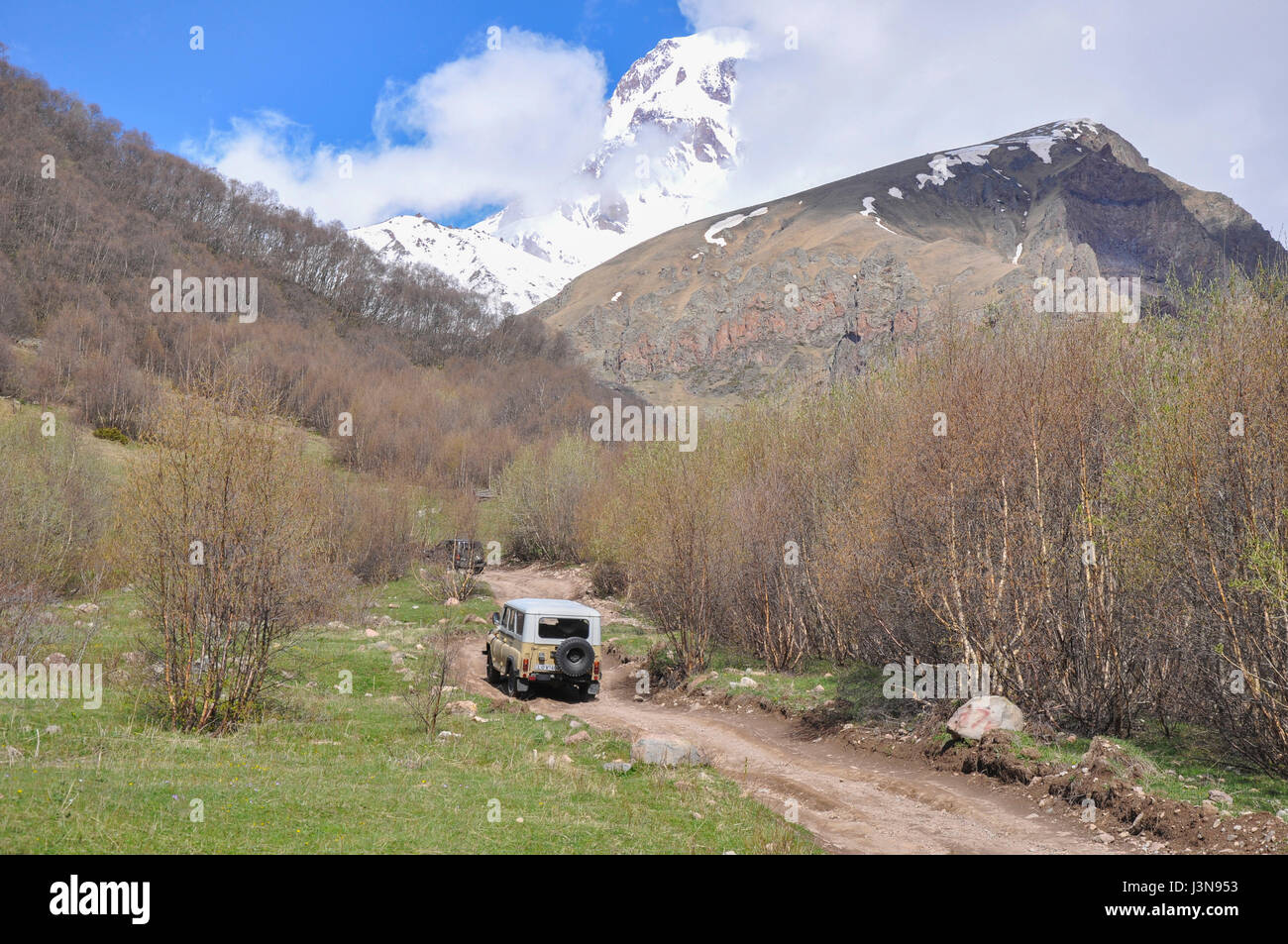 Mount Kazbek, Kazbegi, Stepantsminda, Mtskheta-Mtianeti region, Georgia, Caucasus Stock Photo
