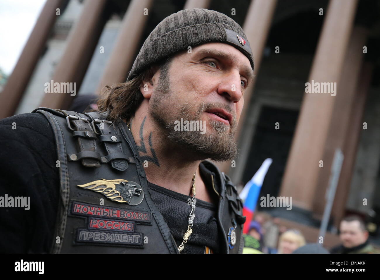 St Petersburg Russia 6th May 2017 Night Wolves Motorcycle Club Leader Alexander Zaldostanov Aka Khirurg Surgeon Seen Outside St Isaac S Cathedral During A Ceremony Marking The Start Of A New Motorcycling Season