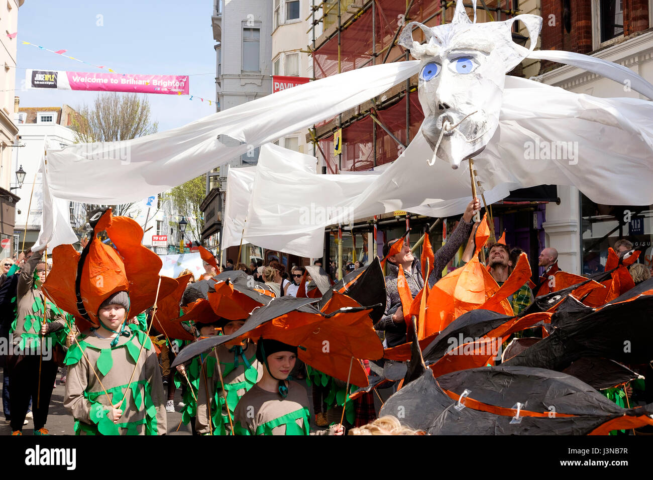 Brighton, UK. 6th May, 2017: Each year the first day of the Brighton Festival opens with the colourful Childrens' Parade through the streets of the city centre. Primary and Junior schools from throughout the city take part in a parade of music and costume, this year the theme was 'Poetry in Motion' reflecting Kate Tempest being the 2017 festival curator. Credit: Scott Hortop/Alamy Live News Stock Photo