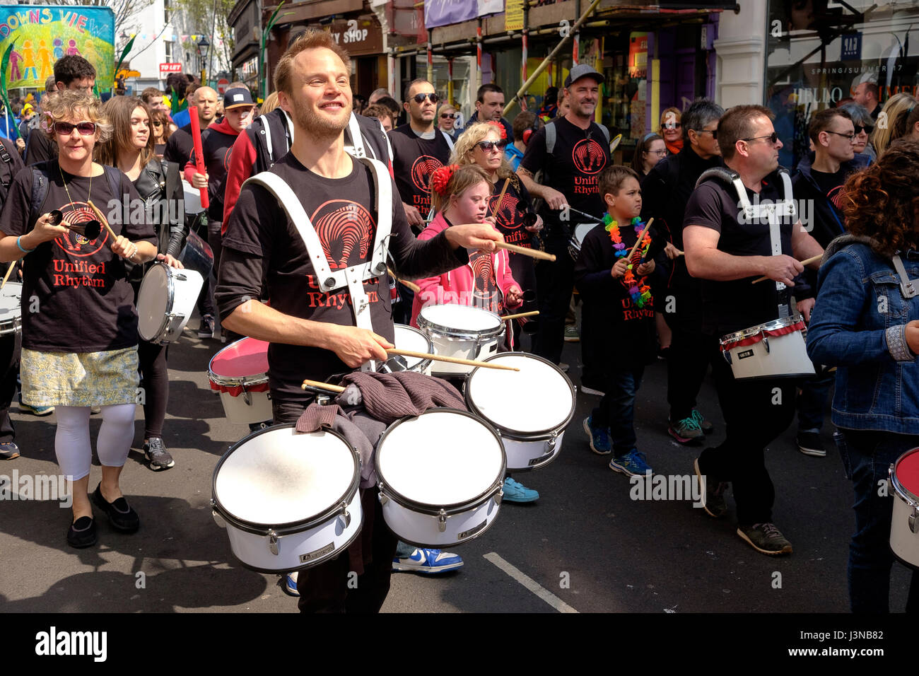 Brighton, UK. 6th May, 2017: Each year the first day of the Brighton Festival opens with the colourful Childrens' Parade through the streets of the city centre. Primary and Junior schools from throughout the city take part in a parade of music and costume, this year the theme was 'Poetry in Motion' reflecting Kate Tempest being the 2017 festival curator. Credit: Scott Hortop/Alamy Live News Stock Photo