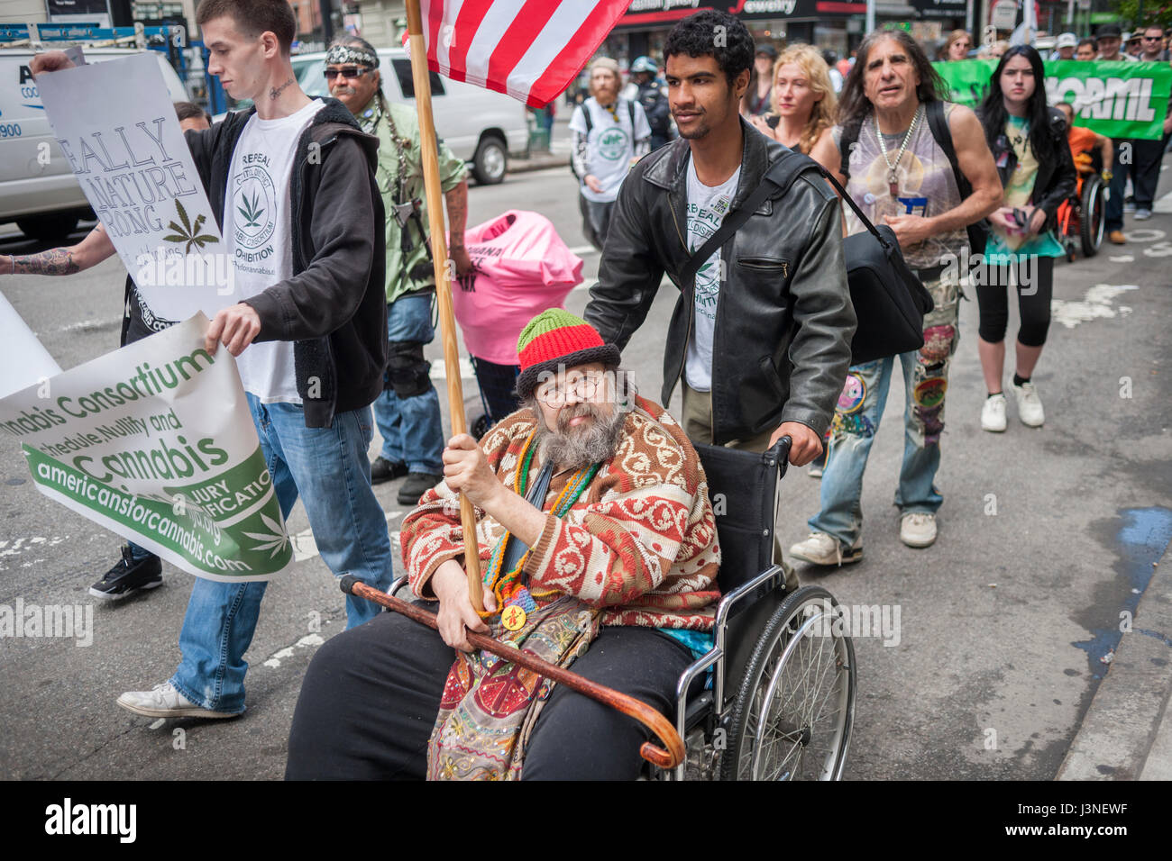 New York, USA. 06th May, 2017. Yippie Pieman Aron Kaye, center, in New York on Saturday, May 6, 2017 at the annual NYC Cannabis Parade. The march included a wide range of demographics from millennials to old-time hippies. The participants in the parade are calling for the legalization of marijuana for medical treatment and for recreational uses. ( © Richard B. Levine) Credit: Richard Levine/Alamy Live News Stock Photo