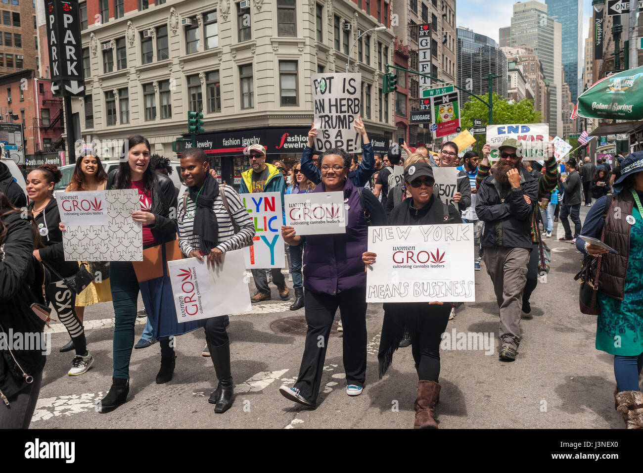 New York, USA. 06th May, 2017. Advocates for the legalization of marijuana march in New York on Saturday, May 6, 2017 at the annual NYC Cannabis Parade. The march included a wide range of demographics from millennials to old-time hippies. The participants in the parade are calling for the legalization of marijuana for medical treatment and for recreational uses. ( © Richard B. Levine) Credit: Richard Levine/Alamy Live News Stock Photo