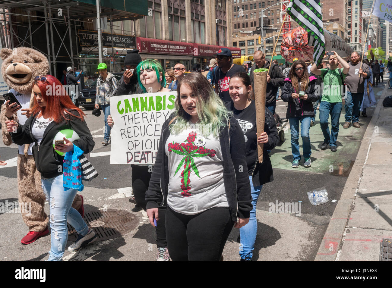 New York, USA. 06th May, 2017. Advocates for the legalization of marijuana march in New York on Saturday, May 6, 2017 at the annual NYC Cannabis Parade. The march included a wide range of demographics from millennials to old-time hippies. The participants in the parade are calling for the legalization of marijuana for medical treatment and for recreational uses. ( © Richard B. Levine) Credit: Richard Levine/Alamy Live News Stock Photo
