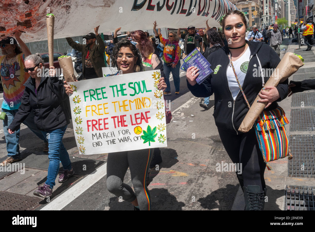 New York, USA. 06th May, 2017. Advocates for the legalization of marijuana march in New York on Saturday, May 6, 2017 at the annual NYC Cannabis Parade. The march included a wide range of demographics from millennials to old-time hippies. The participants in the parade are calling for the legalization of marijuana for medical treatment and for recreational uses. ( © Richard B. Levine) Credit: Richard Levine/Alamy Live News Stock Photo