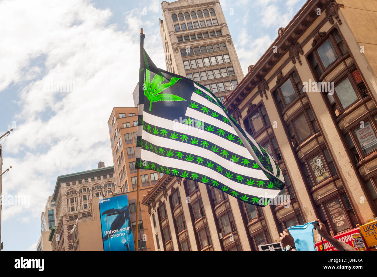 New York, USA. 06th May, 2017. Advocates for the legalization of marijuana march in New York on Saturday, May 6, 2017 at the annual NYC Cannabis Parade. The march included a wide range of demographics from millennials to old-time hippies. The participants in the parade are calling for the legalization of marijuana for medical treatment and for recreational uses. ( © Richard B. Levine) Credit: Richard Levine/Alamy Live News Stock Photo