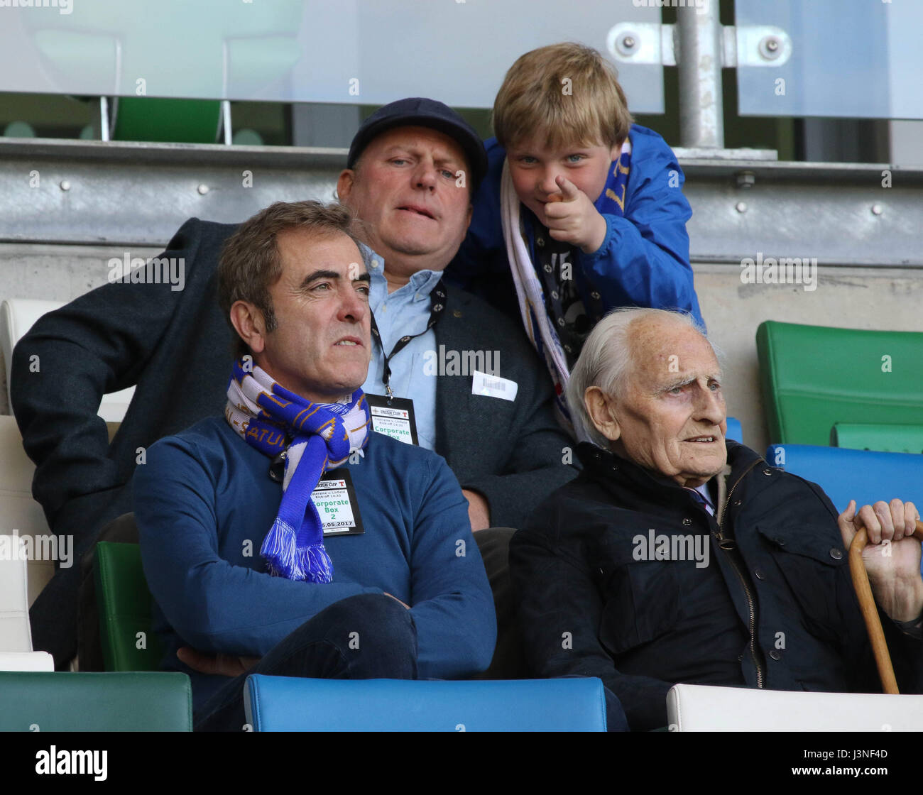 National Football Stadium at Windsor Park, Belfast, Northern Ireland. 06th May, 2017. Actor and ardent Coleraine fan James Nesbitt (front left) at the showpiece final. Credit: David Hunter/Alamy Live News Stock Photo