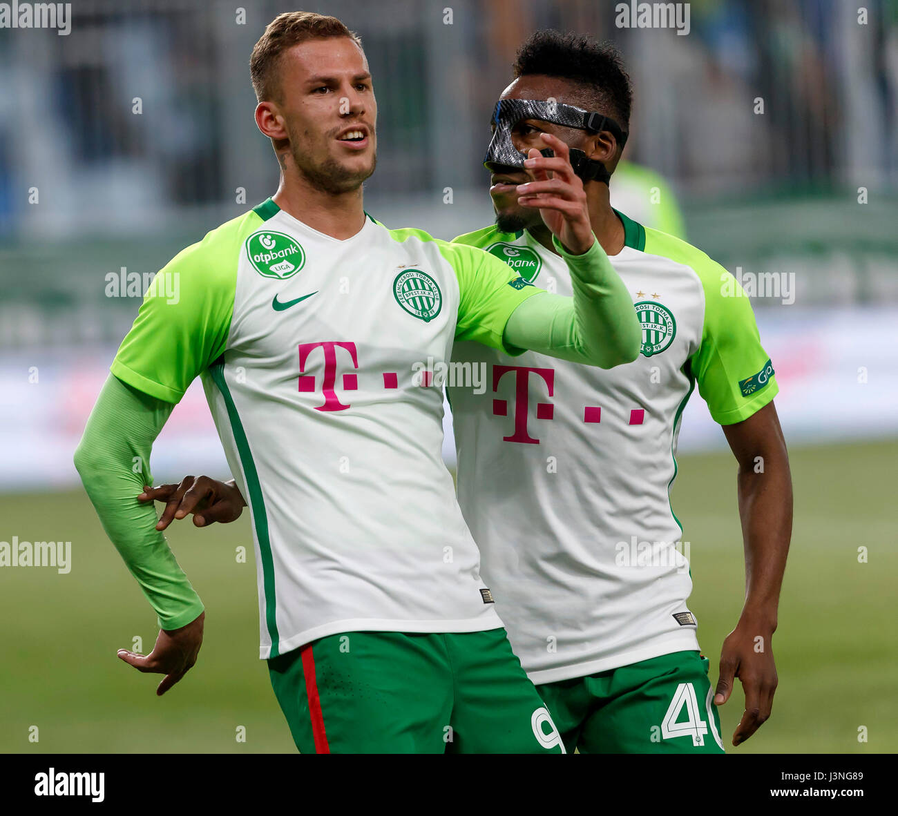 BUDAPEST, HUNGARY - MARCH 2: (r-l) David Markvart of DVTK controls the ball  next to Roland Varga of Ferencvarosi TC during the Hungarian OTP Bank Liga  match between Ferencvarosi TC and DVTK