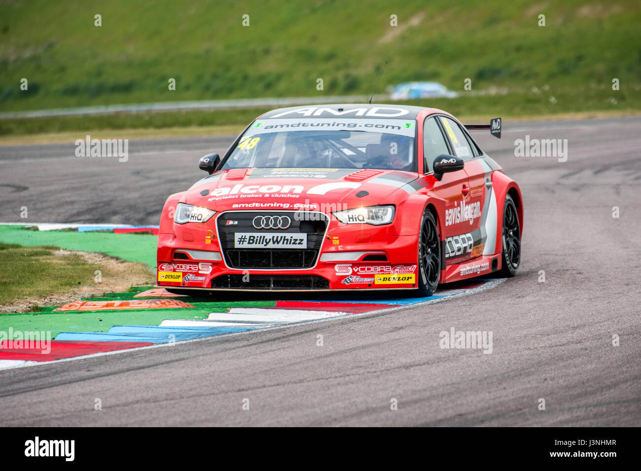 Hampshire, UK. 6th May, 2017. Thruxton Race Circuit and Motorsport Centre, Andover, Hampshire, United Kingdom. 6 May 2016. Ollie Jackson of team AmDtuning.com with Cobra Exhausts in his Audi S3 Qualifying at Dunlop MSA British Touring Car Championship. All cars race today with the #BillyWhizz number plates and livery in support of Billy Monger who suffered life changing injuries at Donington Park a few weeks ago during an F4 (Formula 4) British Championship Race. © Will Bailey / Alamy Live News Stock Photo