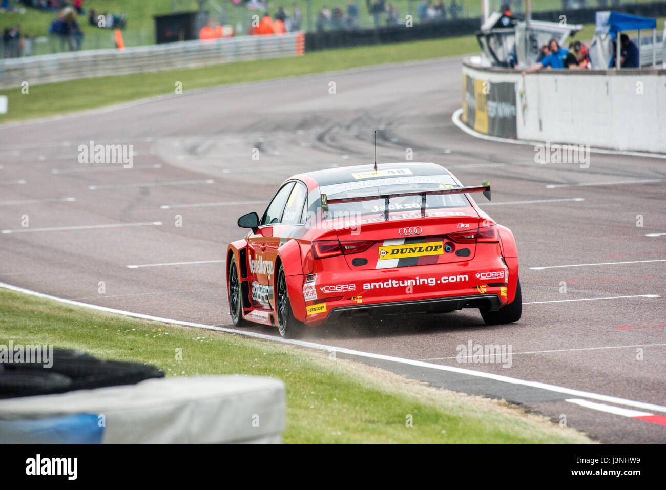 Hampshire, UK. 6th May, 2017. Thruxton Race Circuit and Motorsport Centre, Andover, Hampshire, United Kingdom. 6 May 2016. Ollie Jackson of team AmDtuning.com with Cobra Exhausts in his Audi S3 Qualifying at Dunlop MSA British Touring Car Championship. All cars race today with the #BillyWhizz number plates and livery in support of Billy Monger who suffered life changing injuries at Donington Park a few weeks ago during an F4 (Formula 4) British Championship Race. © Will Bailey / Alamy Live News Stock Photo