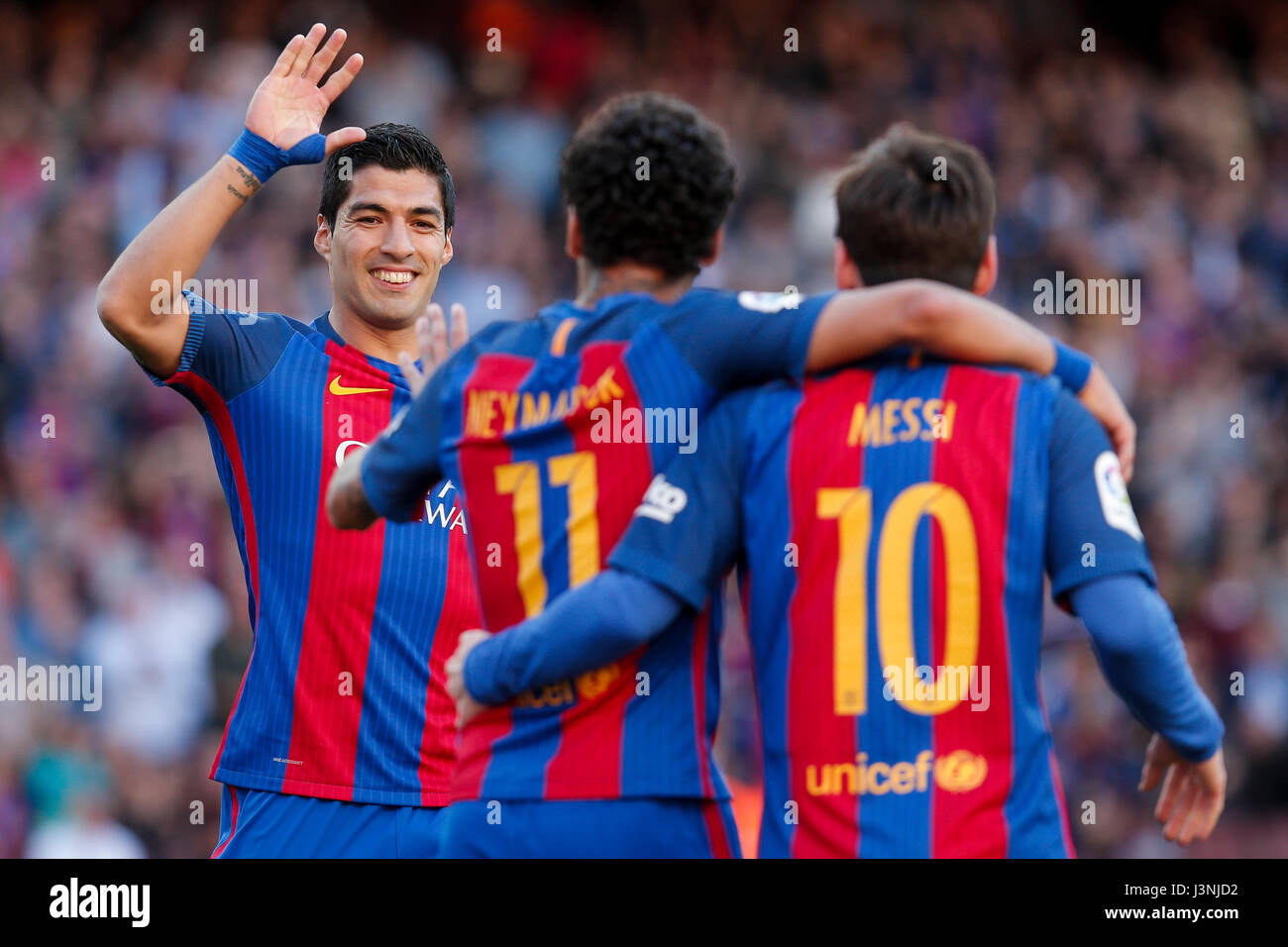 Barcelona, Spain. 6th May, 2017. Barcelona's Neymar(C) celebrates scoring with Luis Suarez(L) and Lionel Messi during the Spanish first division (La Liga)soccer match between FC Barcelona and Villarreal CF at the Camp Nou Stadium in Barcelona, Spain, May 6, 2017. FC Barcelona won 4-1. Credit: Pau Barrena/Xinhua/Alamy Live News Stock Photo
