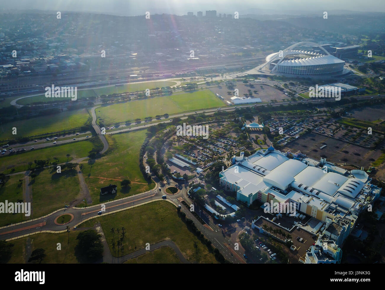 Johannesburg. 4th May, 2017. Photo taken on May 4, 2017 shows an aerial view of the Moses Mabhida Stadium in Durban, KwaZulu-Natal Province, South Africa. Credit: Zhai Jianlan/Xinhua/Alamy Live News Stock Photo