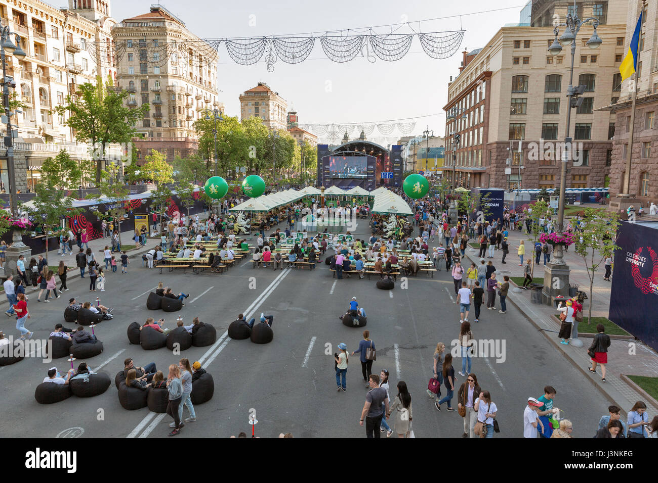 Eurovision Song Contest 2017, in Kiev, Ukraine, on 6 May, 2017. People visit fan zone during Eurovision Song Contest 2017 in Eurovision Village on Khreshchatyk street in the center of Kyiv, capital of Ukraine. Credit: Panama/Alamy Live News Stock Photo
