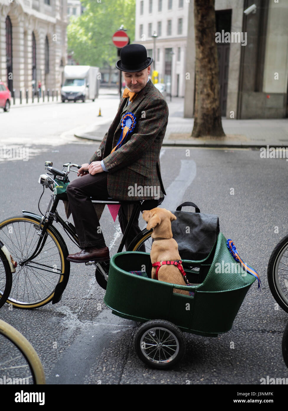 London, UK. 6th May, 2017.  a vintage male cyclist looks at his dog in a sidecar as the wait on the road. The dog is a sidecar. The annual London bicycle ride is a stylish event in London for nearly 900 riders, dressed in vintage or stylish tweed or other traditional outfits. This is the ninth year of the Tweed Run, which began in London in 2009 Credit: Doozzi Photography/Alamy Live News Stock Photo