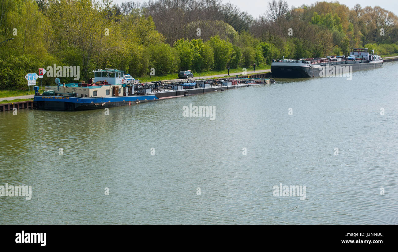 Bad Bodenteich, Germany. 7th May, 2017. Two tankships can be seen after a collision on a side canal of Elbe river in Bad Bodenteich, Germany, 7 May 2017. The two ships crashed into each other head-on. One of the ship sank half-way. Photo: Philipp Schulze/dpa/Alamy Live News Stock Photo