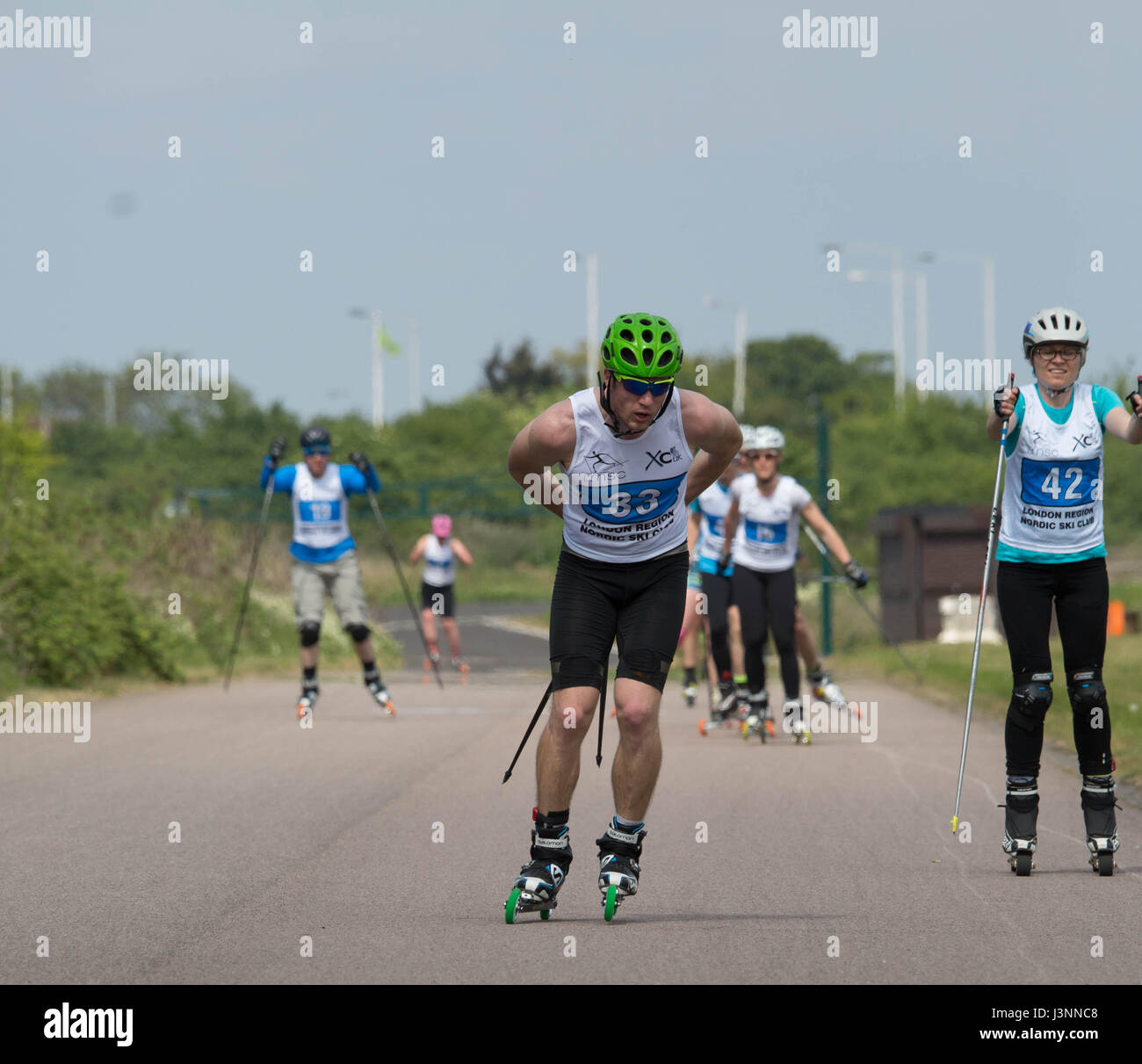 London, UK. 7th May, 2017. Rollerski Race 15k hosted by London Cross-Country Ski Club at Hillindon Cycle Circuit West London, UK. 7th May, 2017. number 33 Mantas Strolia the over all winner of the race in a time off 30.20 here Mantas is free skating Credit: Brian Southam/Alamy Live News Stock Photo