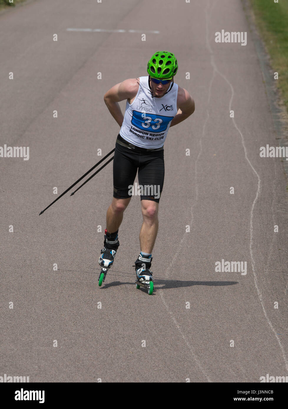 London, UK. 7th May, 2017. Rollerski Race 15k hosted by London Cross-Country Ski Club at Hillindon Cycle Circuit West London, UK. 7th May, 2017. number 33 Mantas Strolia the over all winner of the race in a time off 30.20 here Mantas is free skating Credit: Brian Southam/Alamy Live News Stock Photo