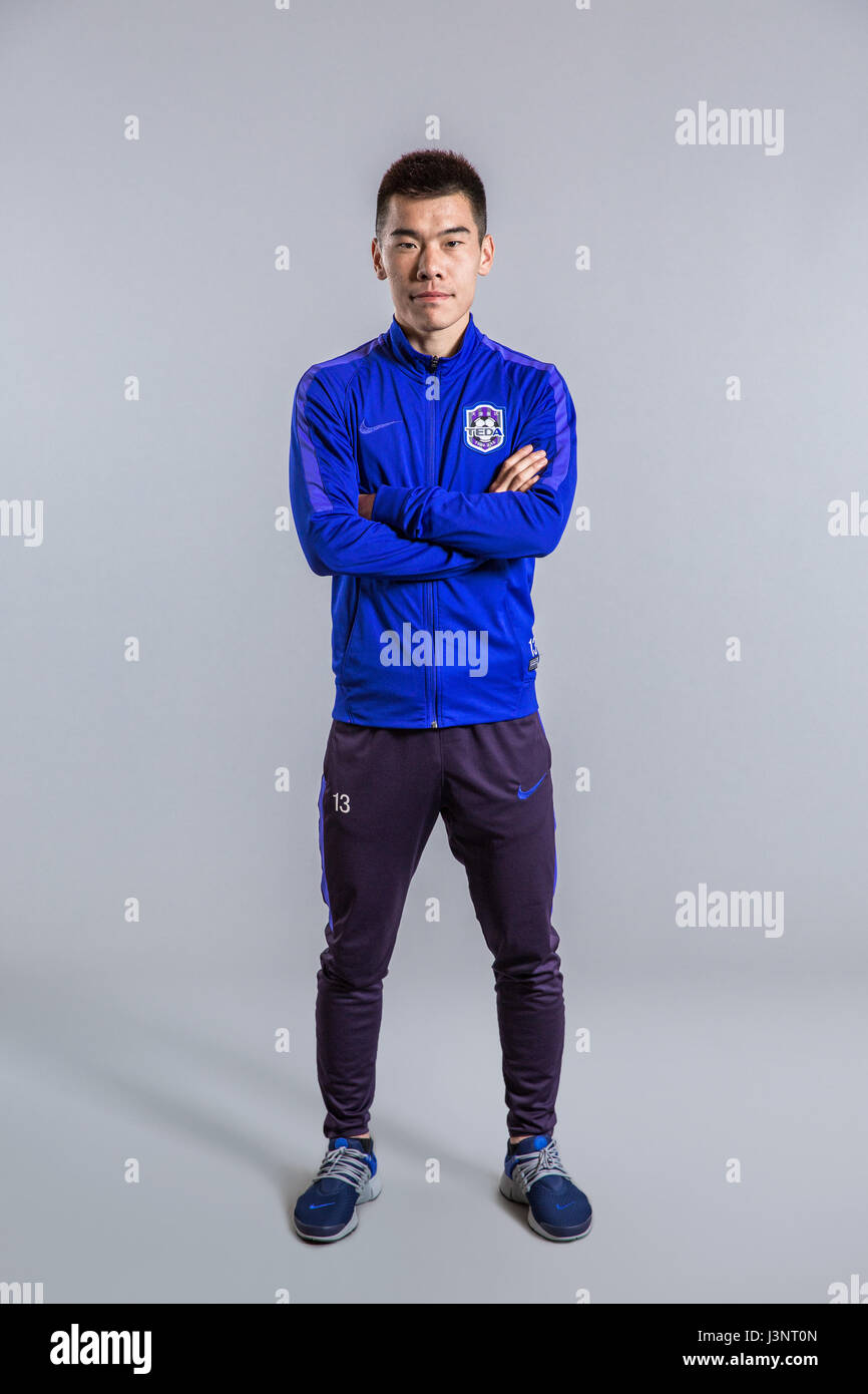 Portrait of Chinese soccer player Wang Qiuming of Tianjin TEDA F.C. for the 2017 Chinese Football Association Super League, in Tianjin, China, 26 February 2017. Stock Photo
