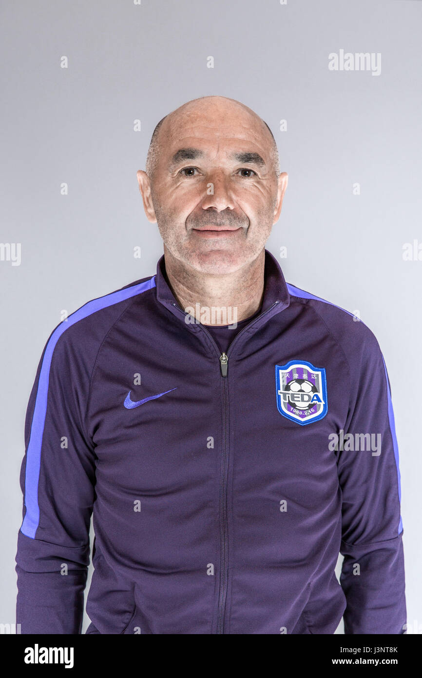 Portrait of head coach Jaime Pacheco of Tianjin TEDA F.C. for the 2017 Chinese Football Association Super League, in Tianjin, China, 26 February 2017. Stock Photo