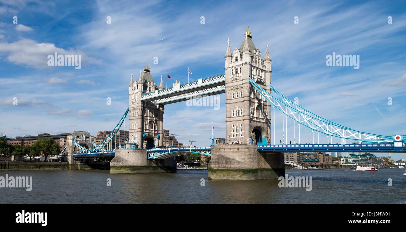 View of Tower Bridge from the South bank of the river Thames in London Stock Photo