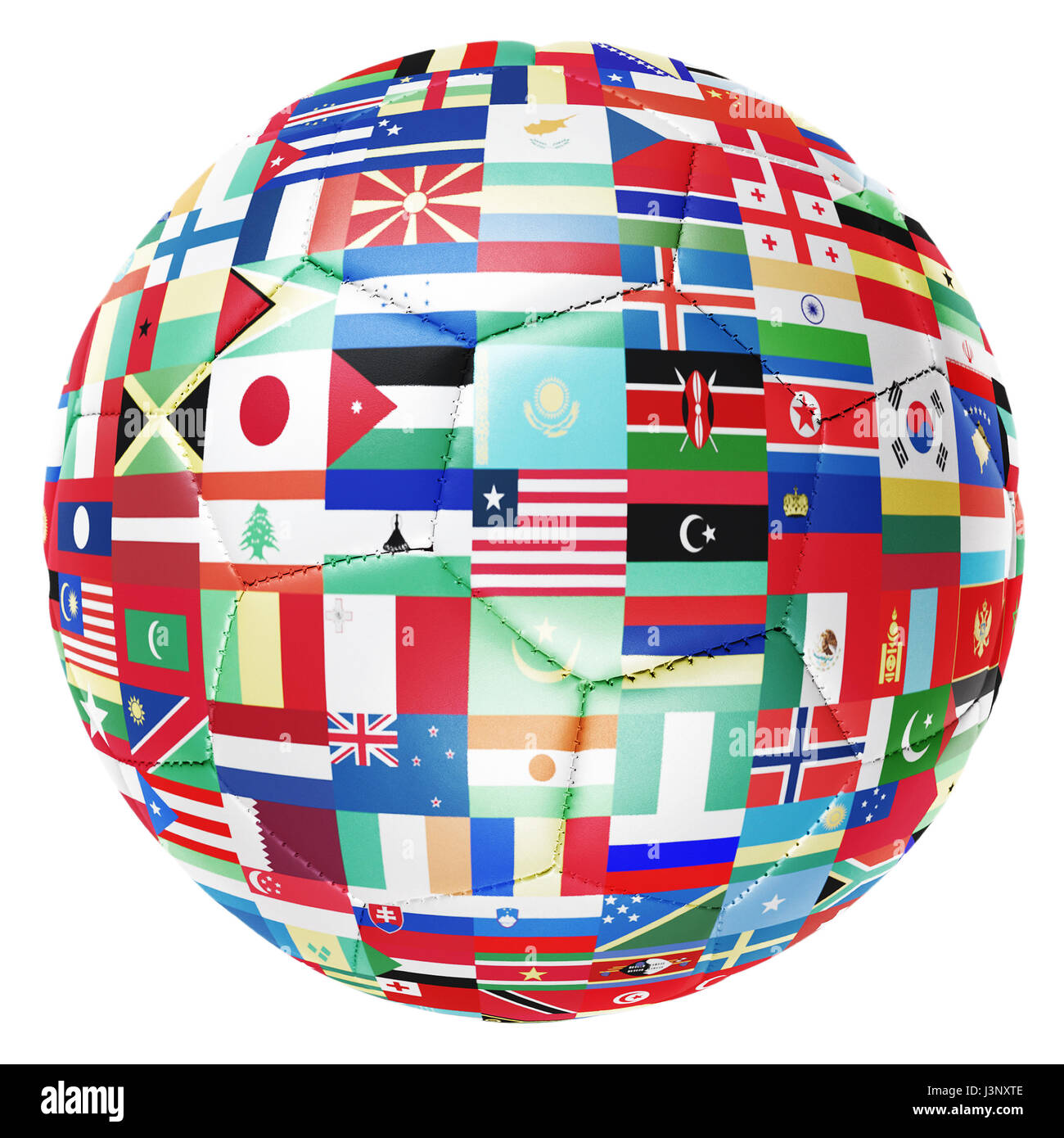 Many flags of the world superimposed onto a traditional football. Stock Photo