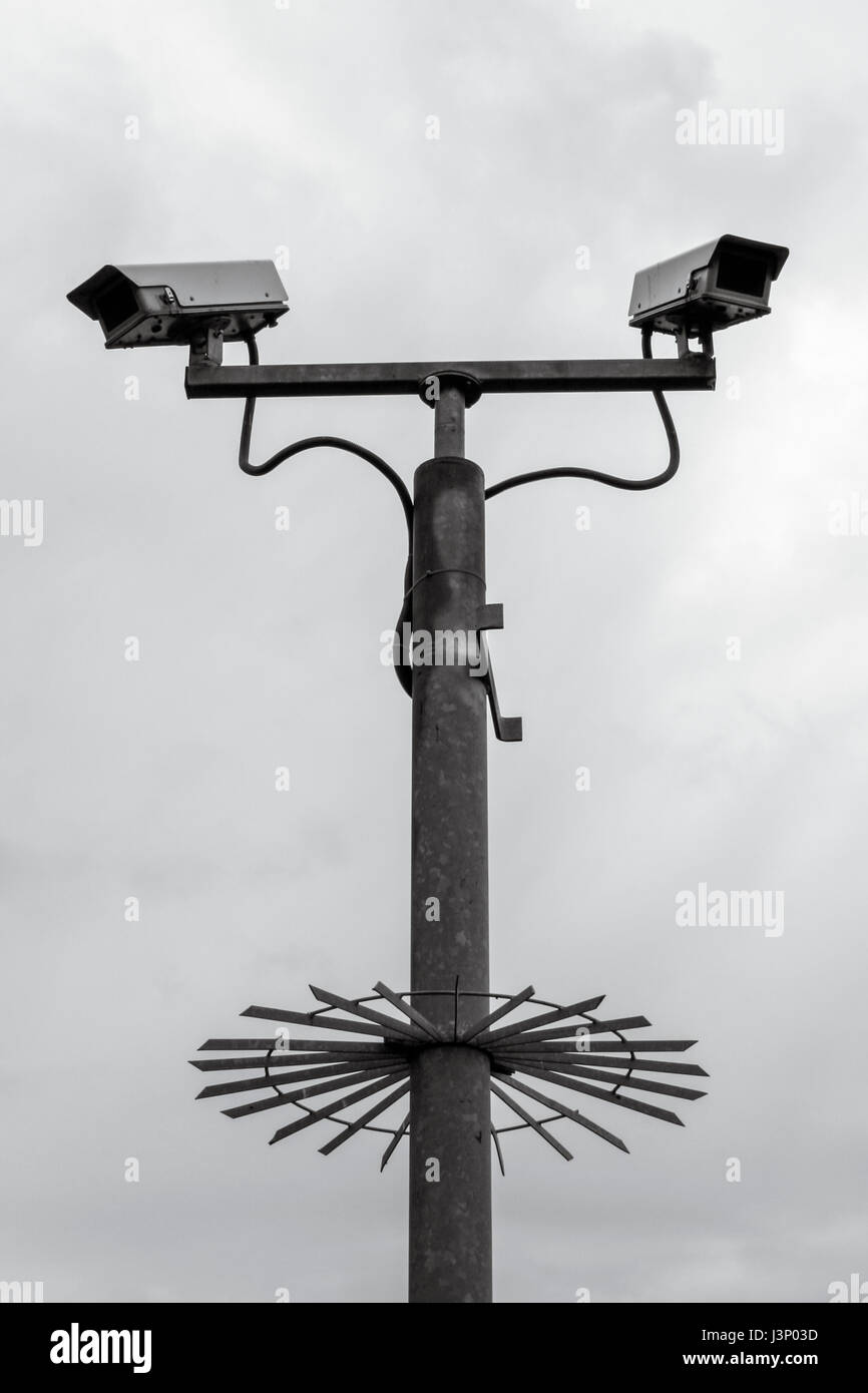 Security CCTV cameras mounted on a tall metal pole with anticlimb
