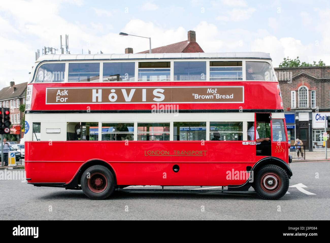 1937 AEC Regent I bus STL2377 in London Transport livery with Hovis advertisement, North Cheam, Greater London, UK, 2008 Stock Photo